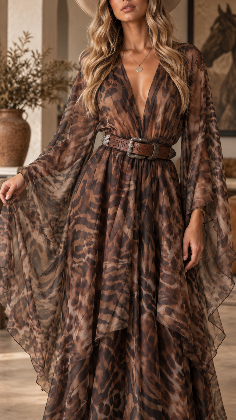 Savara Western Animal Print Cape Maxi Dress