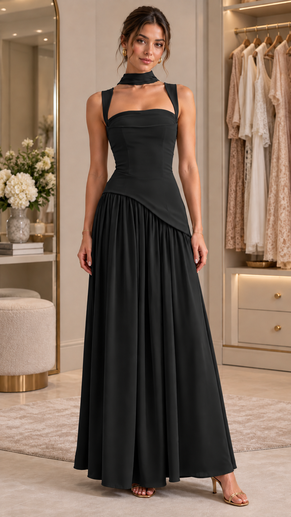 Aurelia Scarf-Neck Draped Maxi Dress