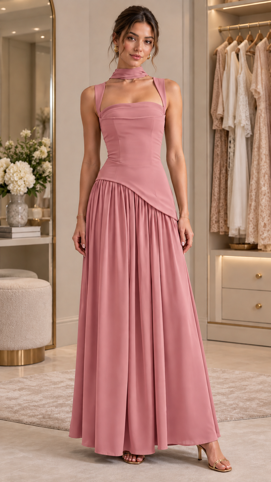 Aurelia Scarf-Neck Draped Maxi Dress