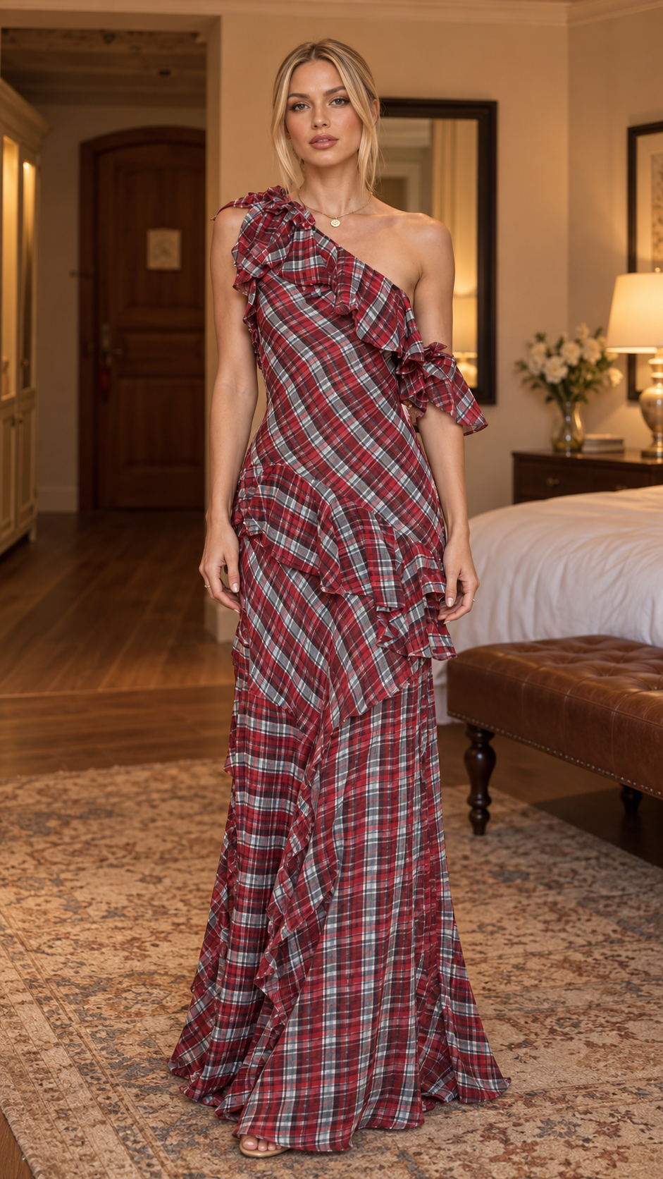 Rosalie Tartan Ruffle One-Shoulder Maxi Dress