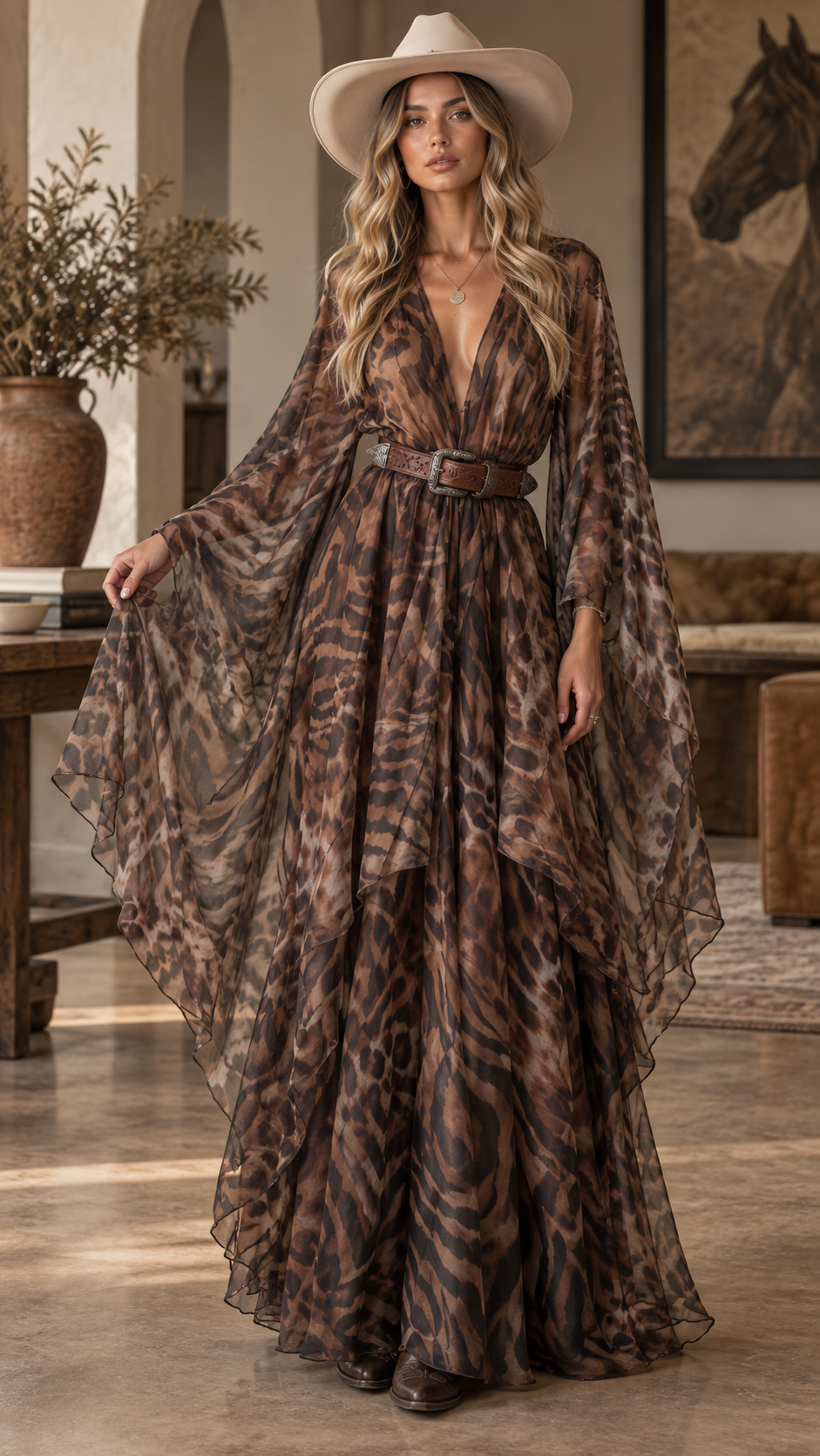 Savara Western Animal Print Cape Maxi Dress
