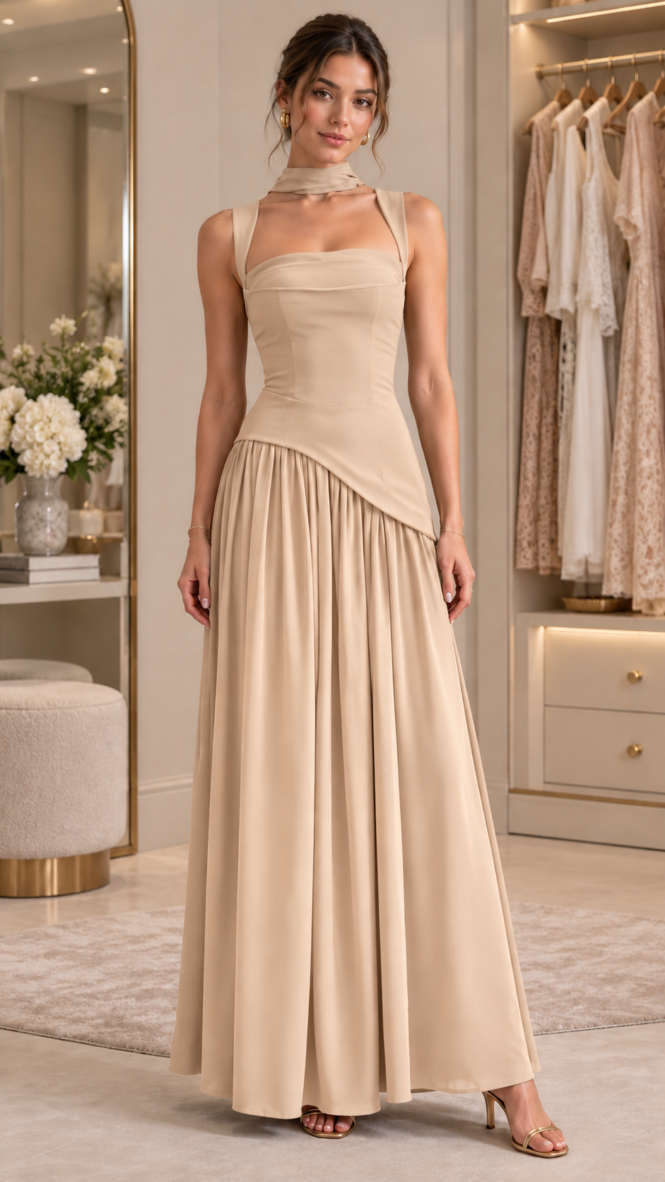 Aurelia Scarf-Neck Draped Maxi Dress