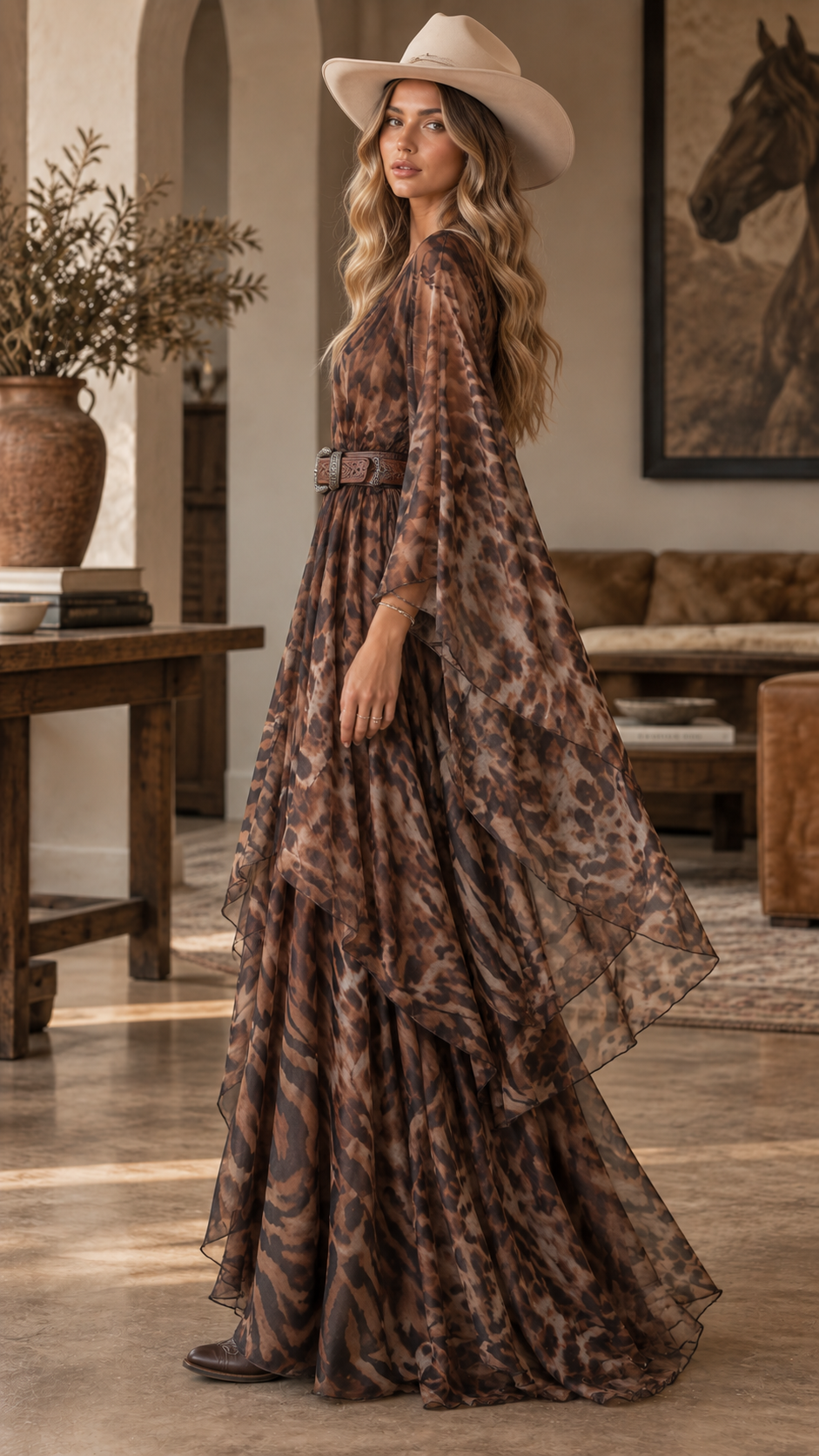 Savara Western Animal Print Cape Maxi Dress