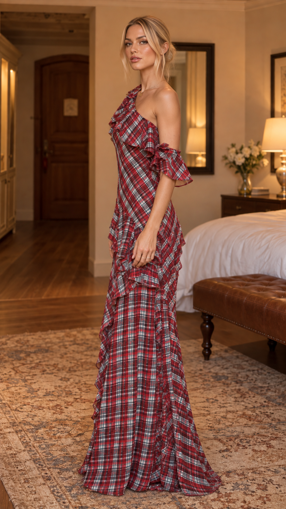 Rosalie Tartan Ruffle One-Shoulder Maxi Dress