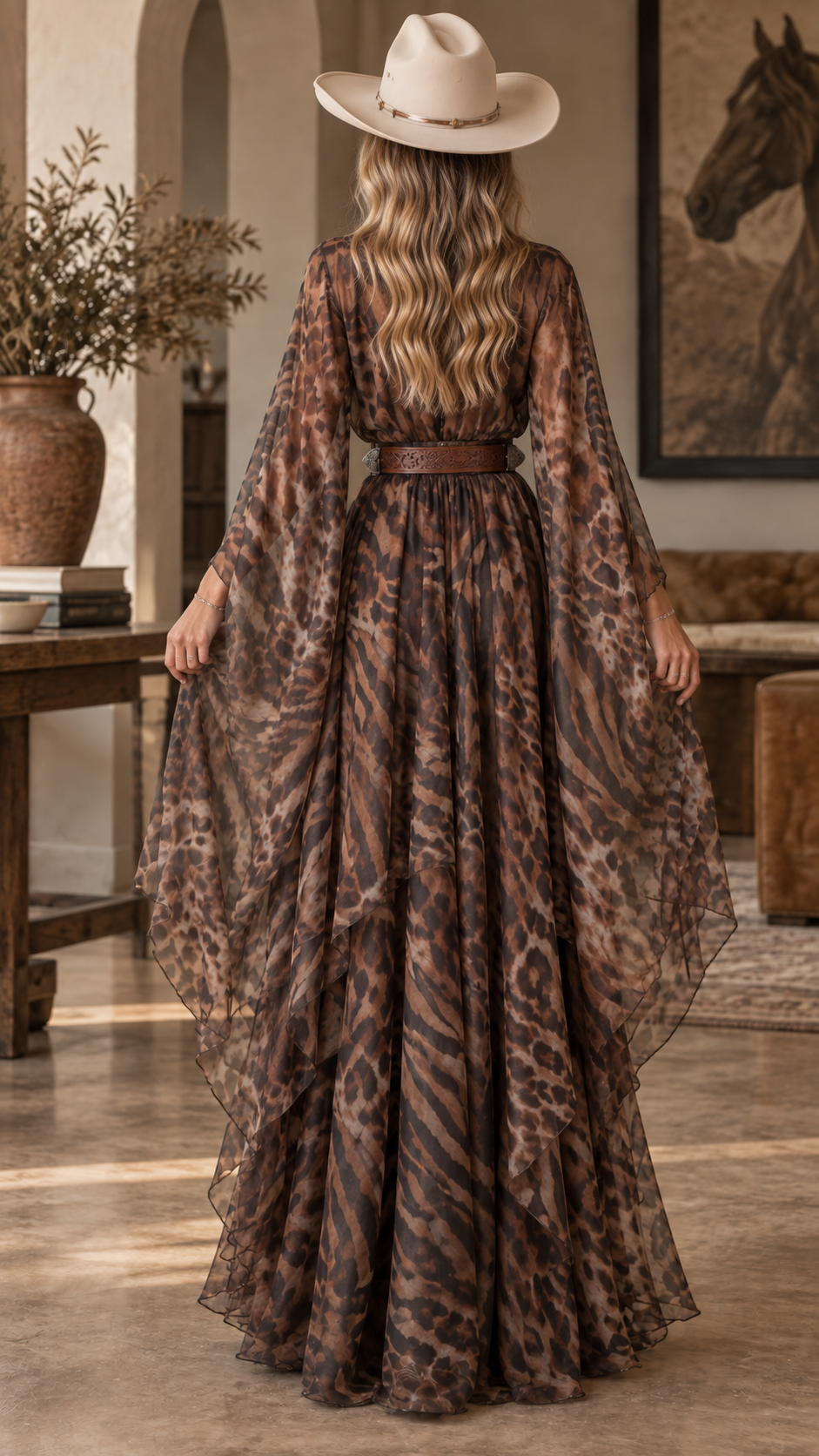 Savara Western Animal Print Cape Maxi Dress