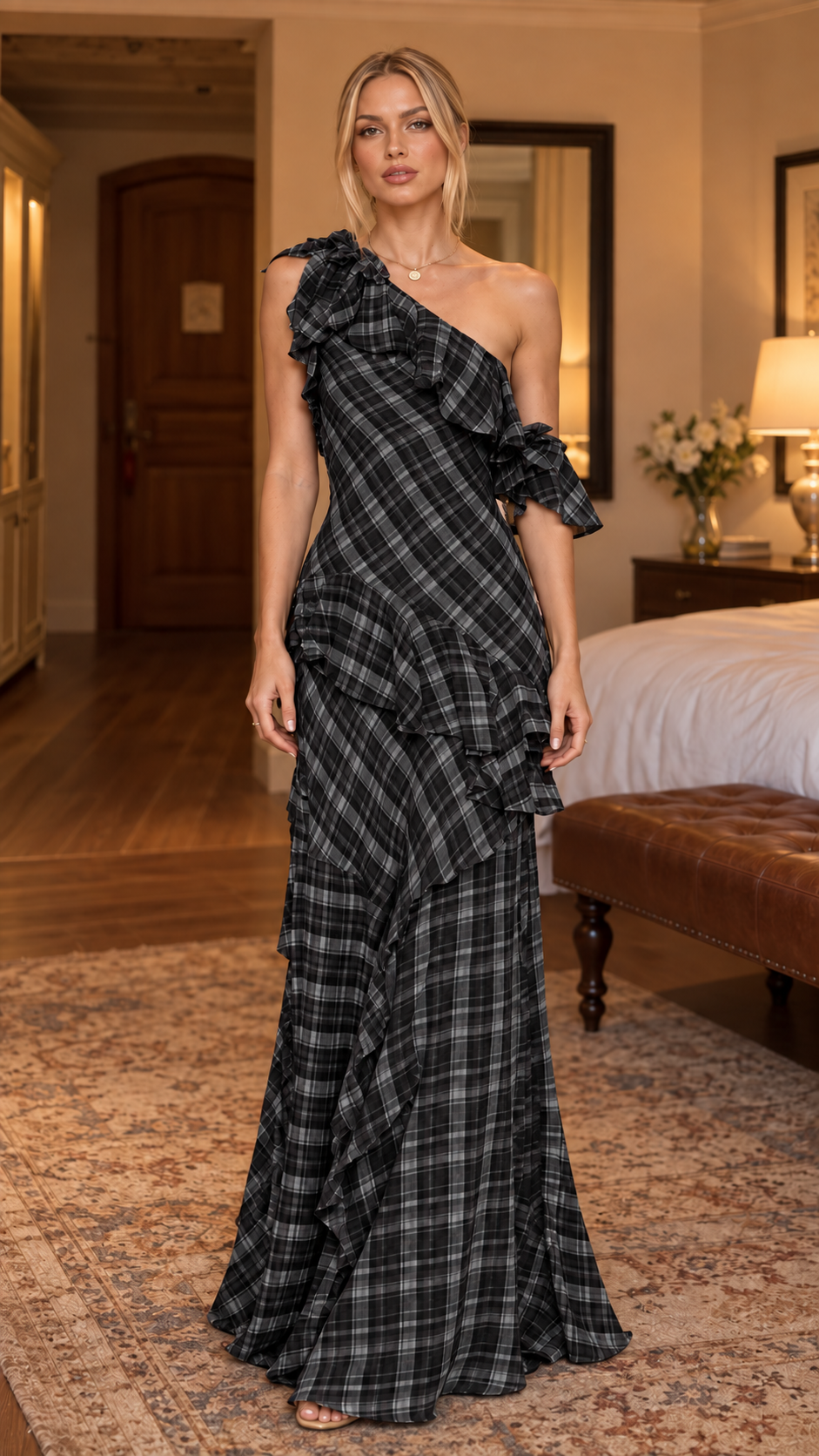 Rosalie Tartan Ruffle One-Shoulder Maxi Dress