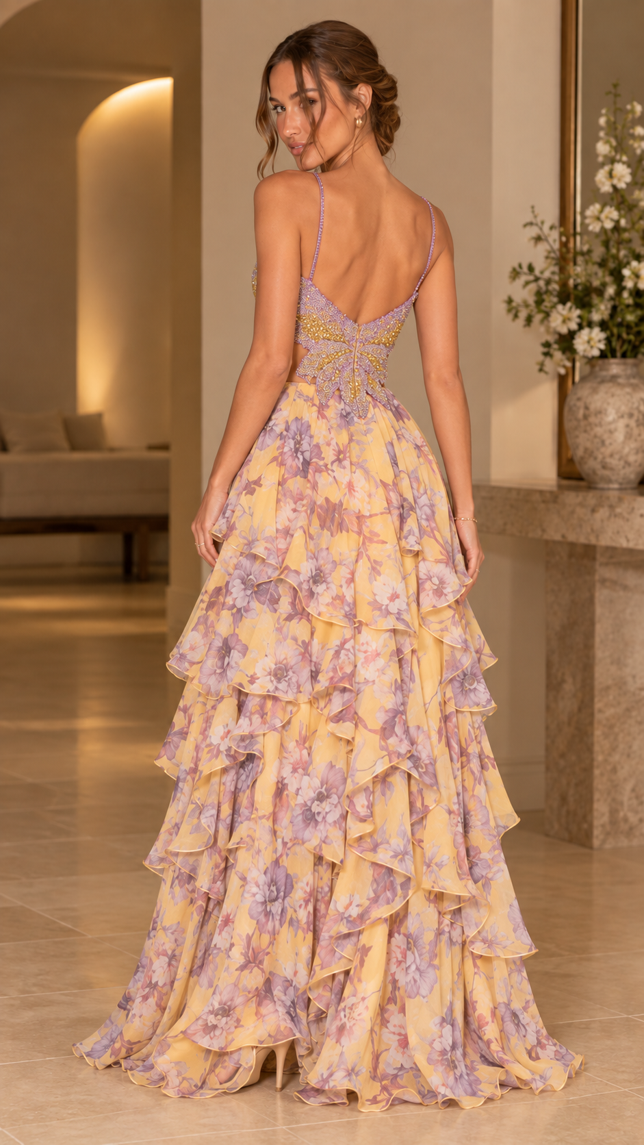 Mariposa Beaded Floral Ruffle Maxi Dress