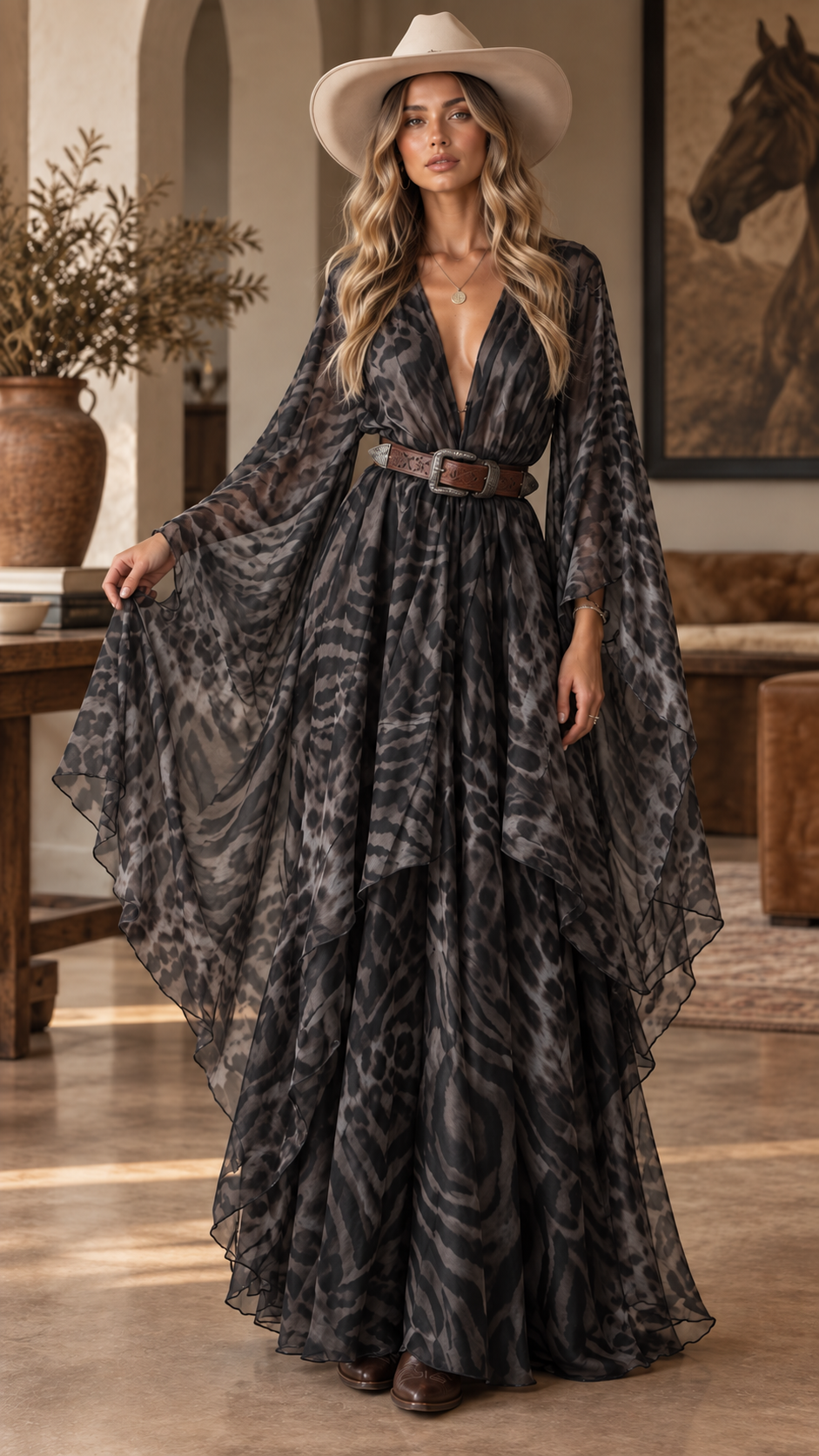 Savara Western Animal Print Cape Maxi Dress