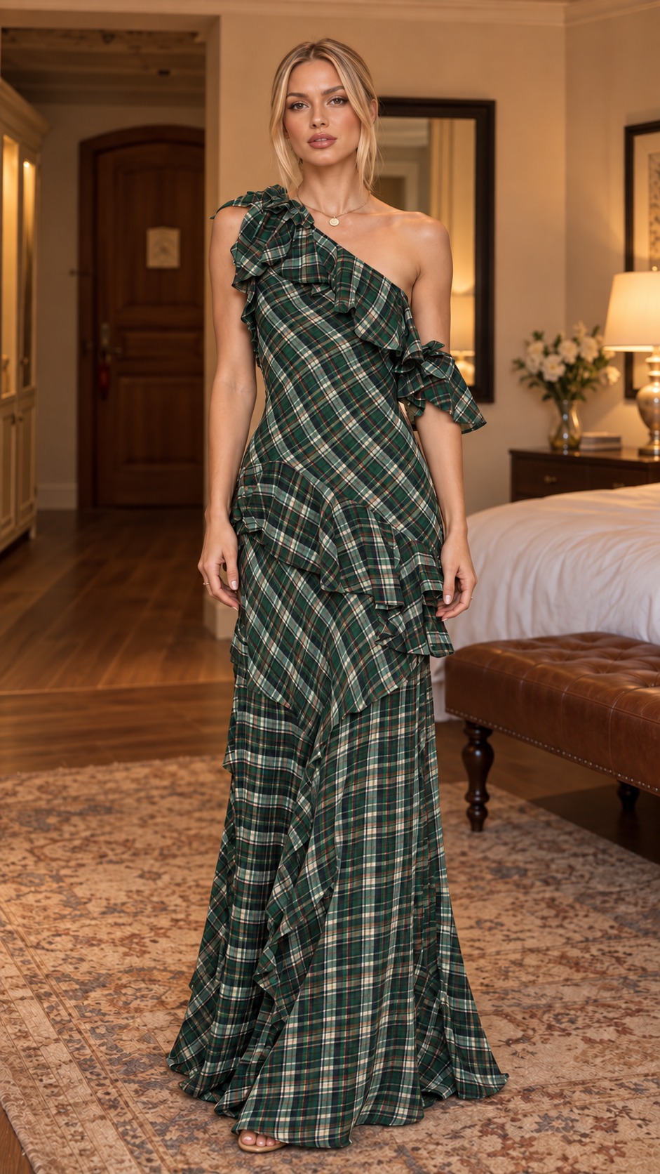 Rosalie Tartan Ruffle One-Shoulder Maxi Dress