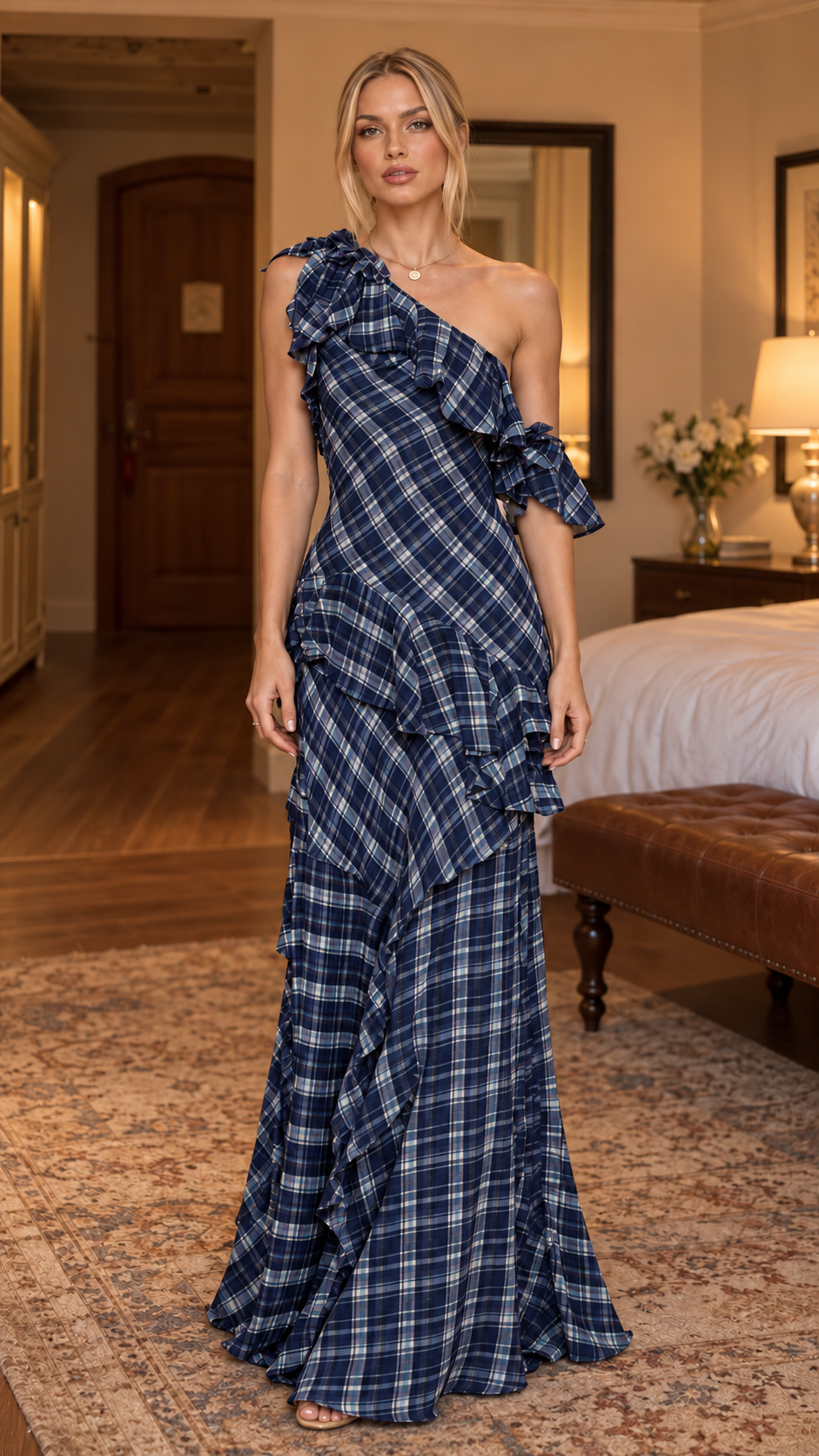 Rosalie Tartan Ruffle One-Shoulder Maxi Dress