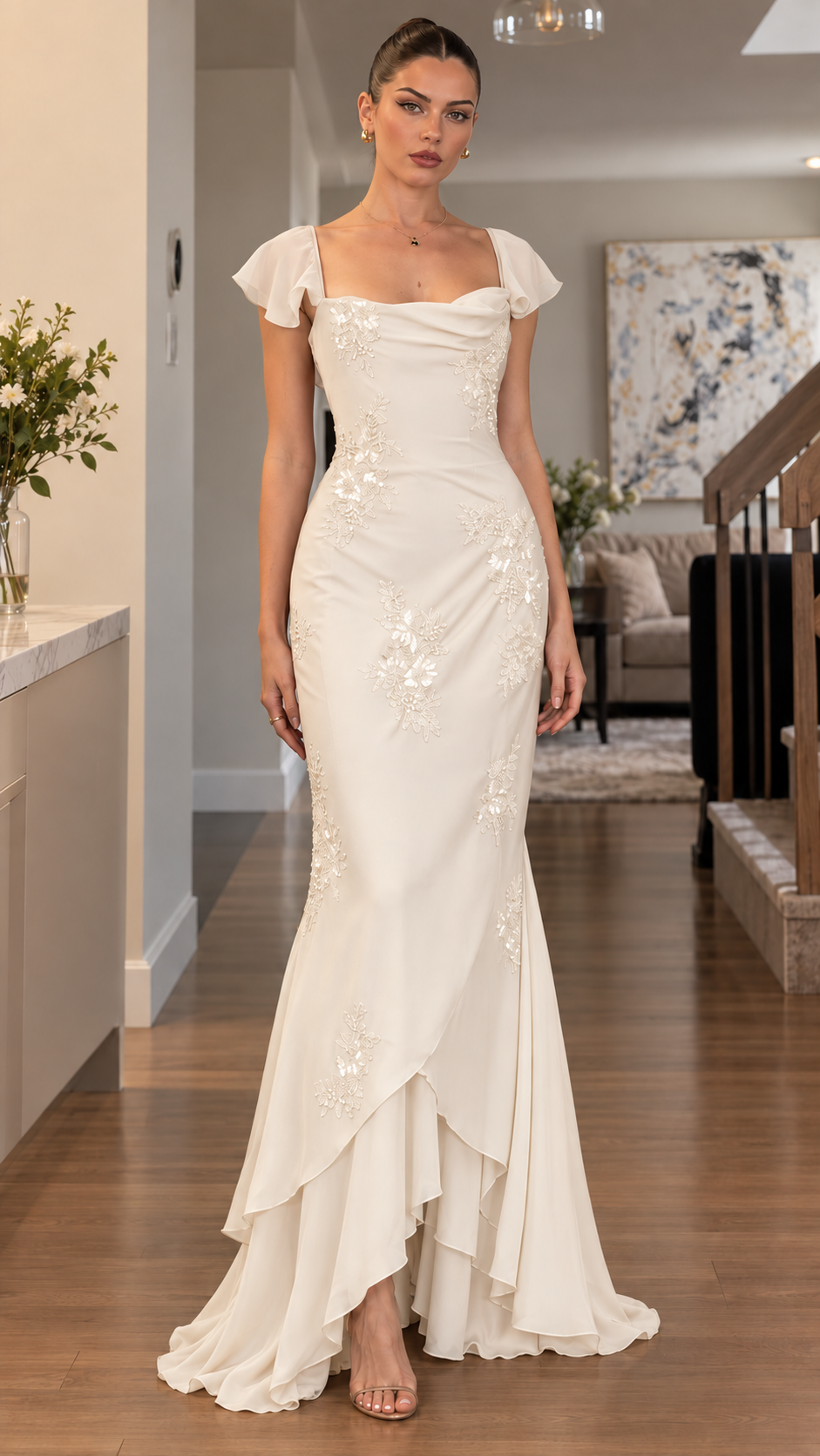 Roselle Floral Sequin Flutter Sleeve Maxi Dress