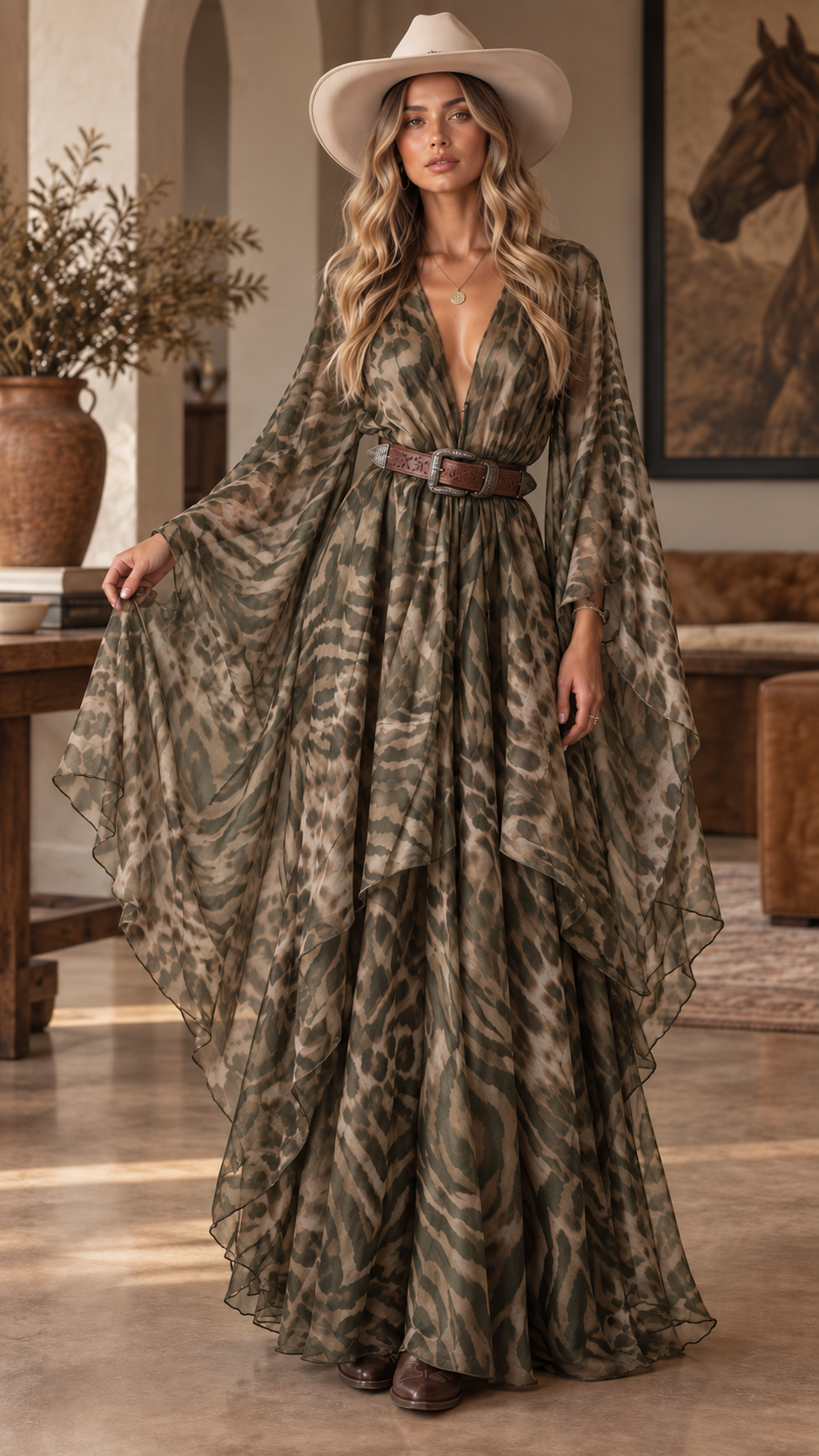 Savara Western Animal Print Cape Maxi Dress