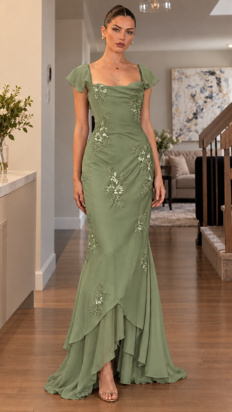 Roselle Floral Sequin Flutter Sleeve Maxi Dress