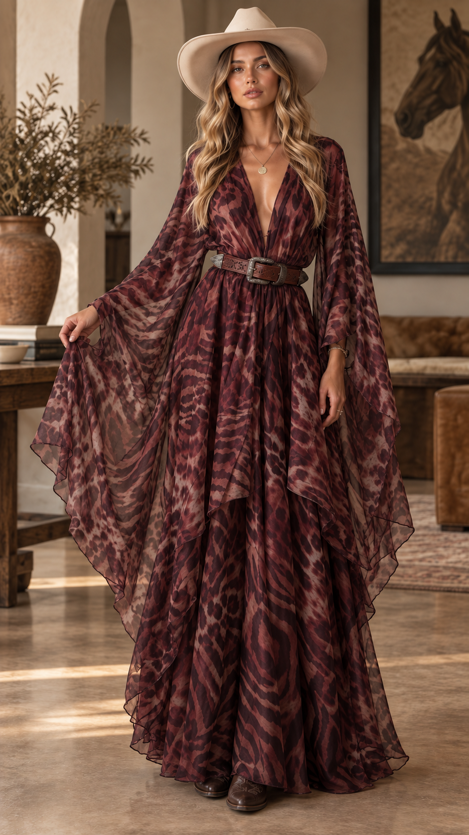Savara Western Animal Print Cape Maxi Dress