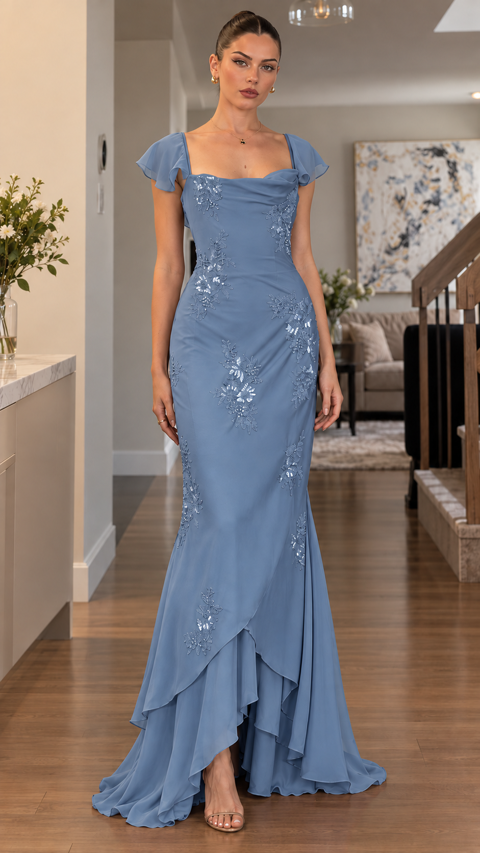 Roselle Floral Sequin Flutter Sleeve Maxi Dress