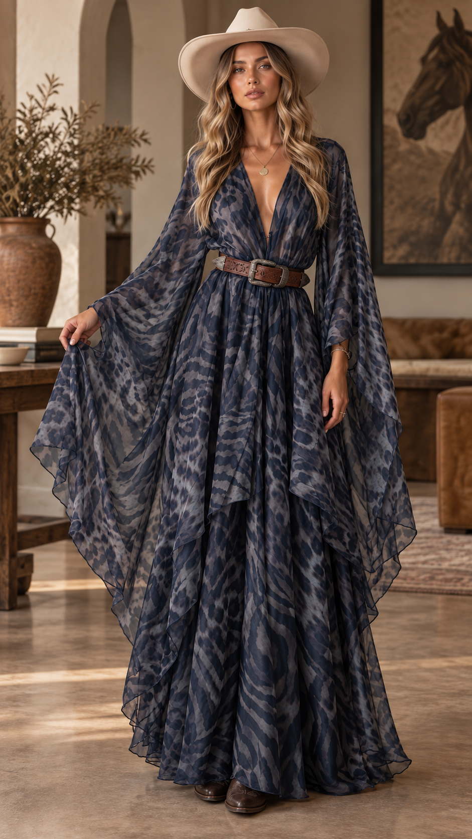 Savara Western Animal Print Cape Maxi Dress
