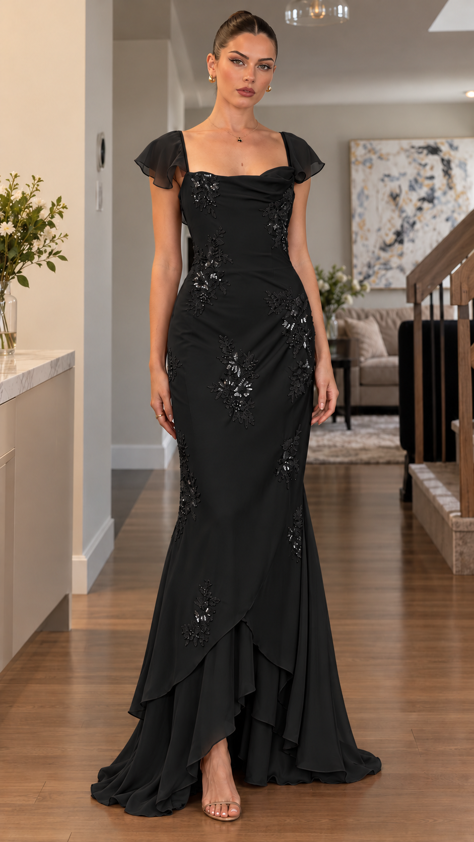Roselle Floral Sequin Flutter Sleeve Maxi Dress