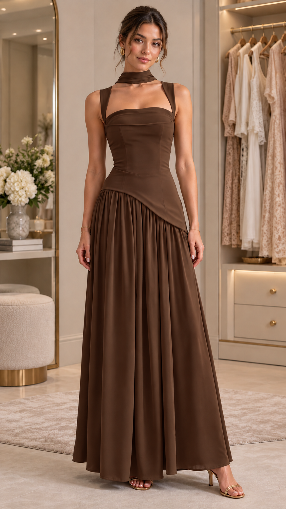 Aurelia Scarf-Neck Draped Maxi Dress