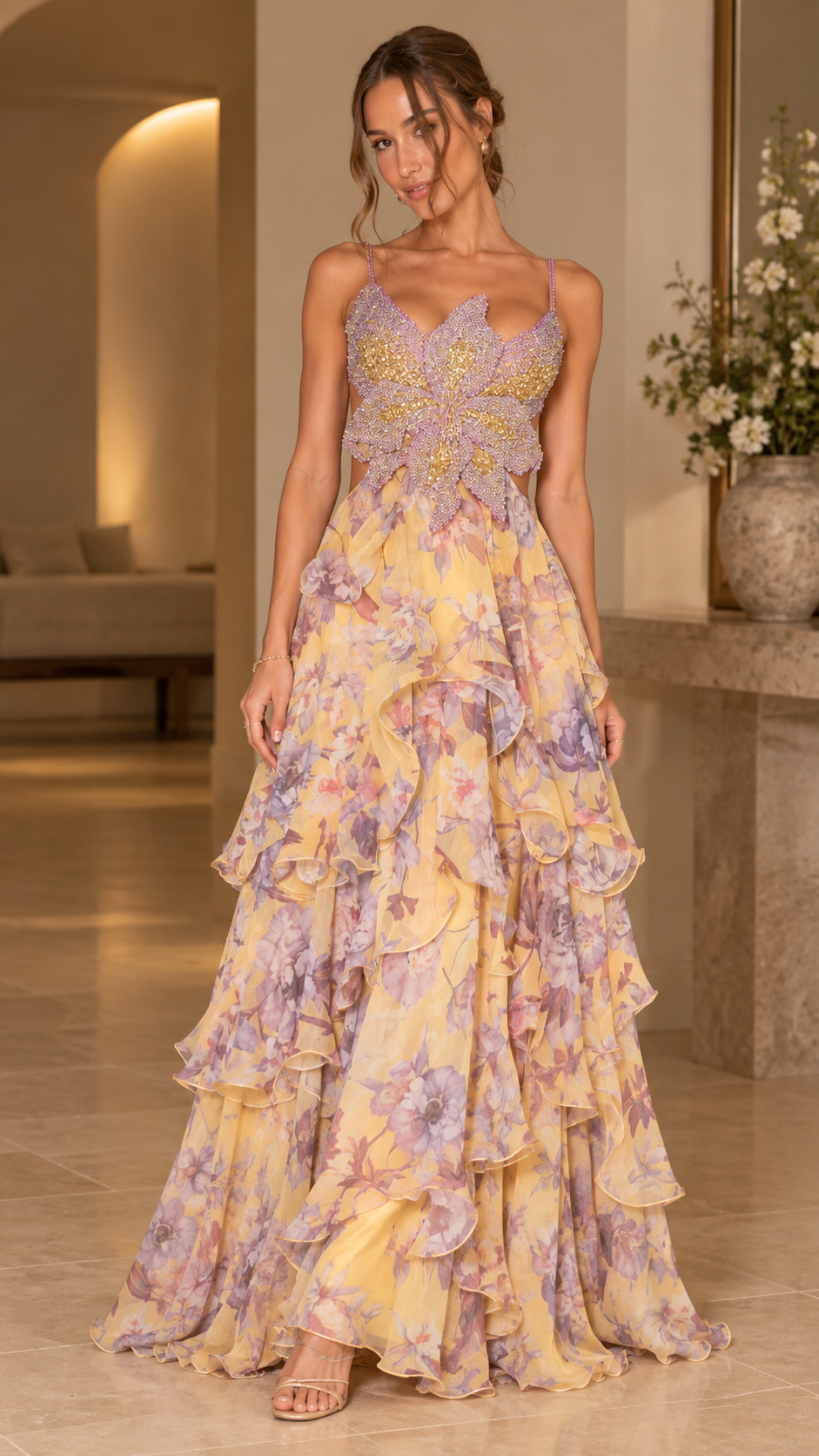 Mariposa Beaded Floral Ruffle Maxi Dress