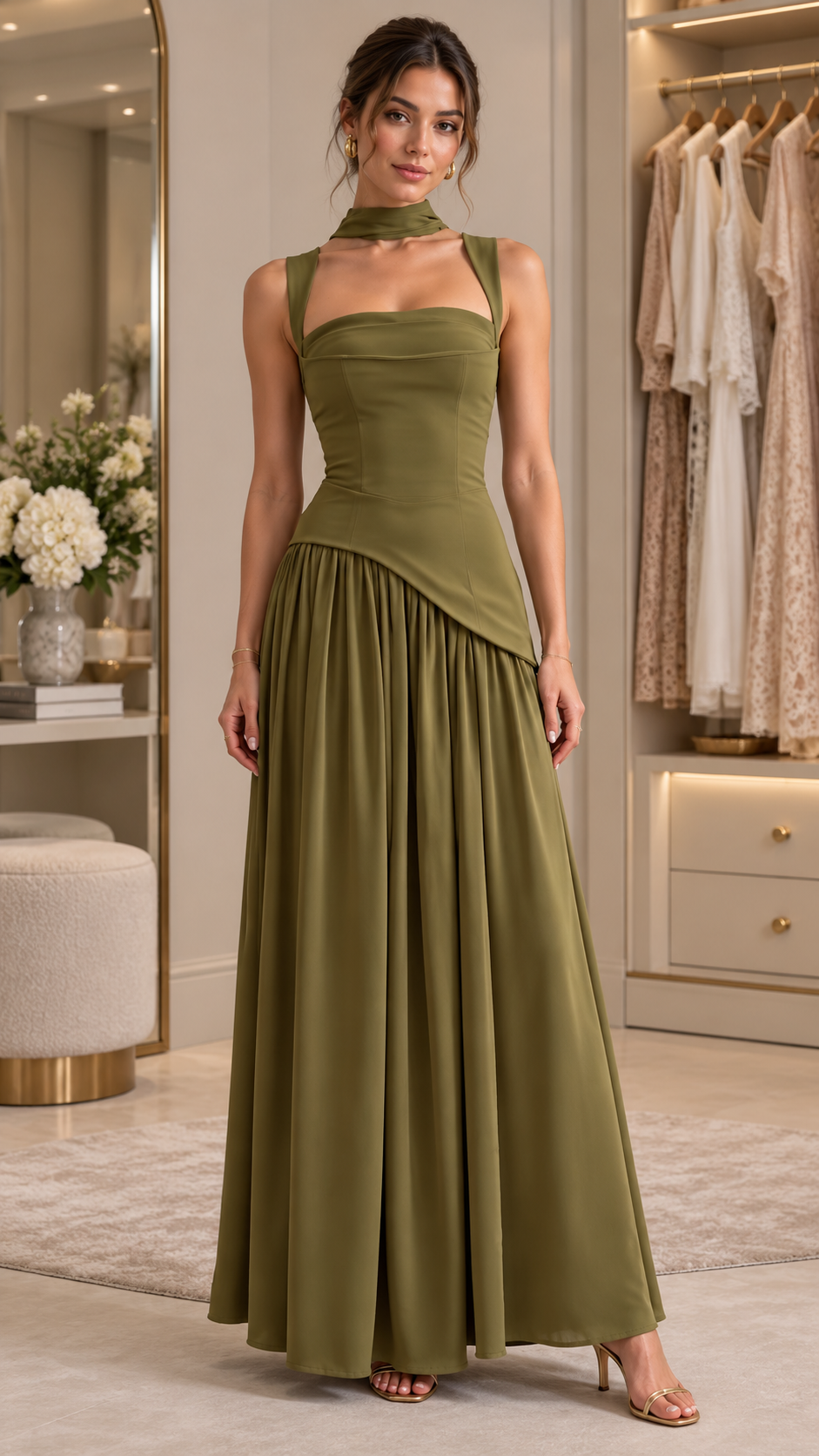 Aurelia Scarf-Neck Draped Maxi Dress