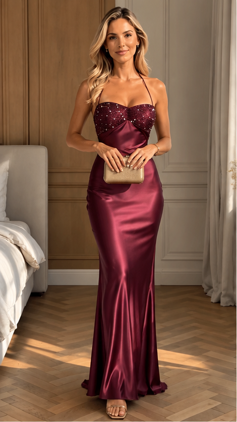 Celestine Embellished Satin Maxi Dress