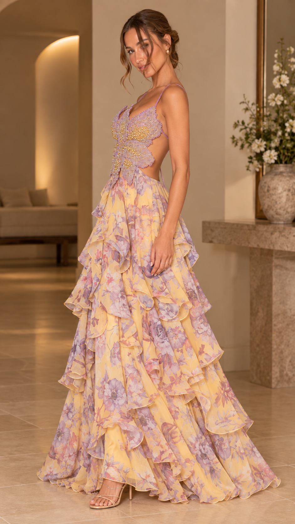 Mariposa Beaded Floral Ruffle Maxi Dress